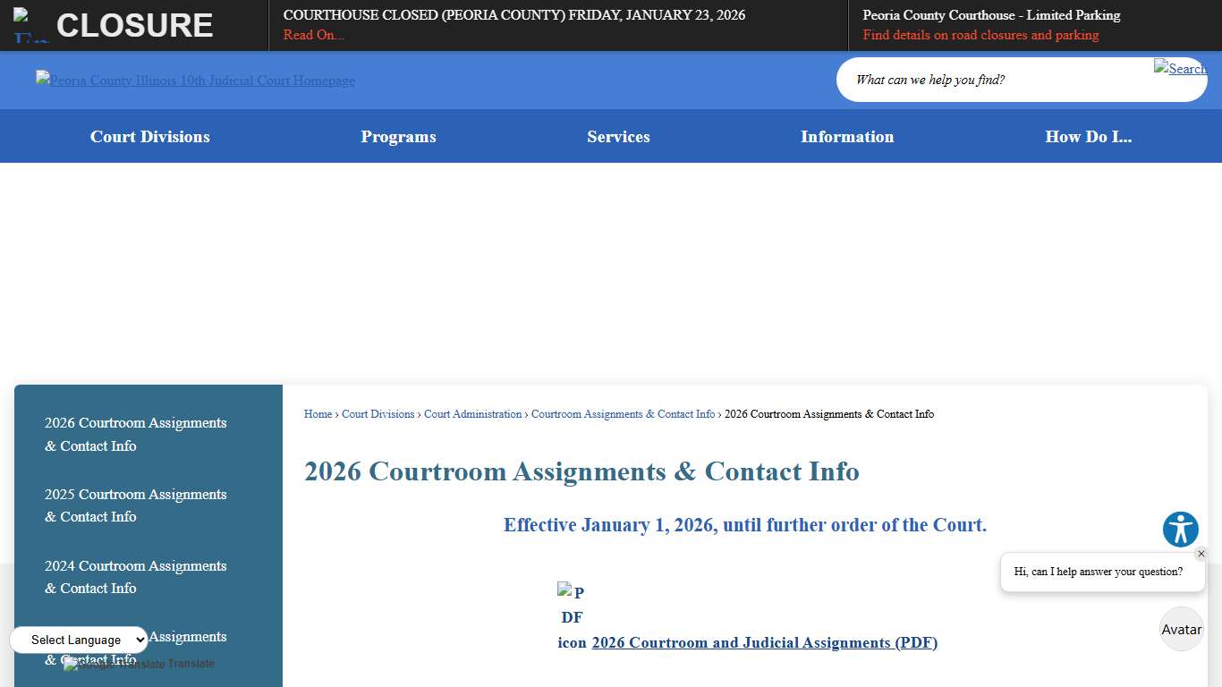 2026 Courtroom Assignments & Contact Info Peoria County Tenth JCC, IL